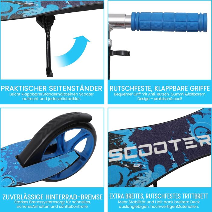 Дитячий трюковий самокат Habib Kickroller – складаний, з регулюванням висоти, великі колеса, до 80 кг, блакитний