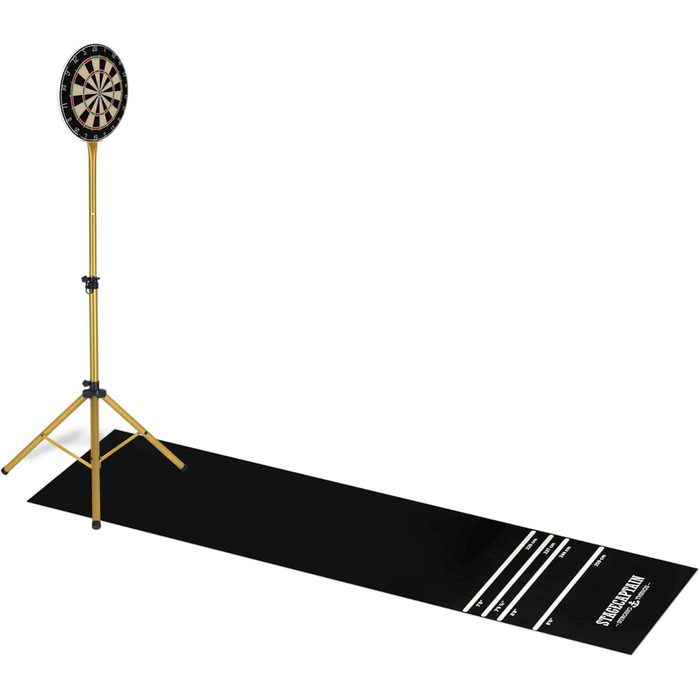Stagecaptain DBS-1715 Bullseye Pro комплект для дартсу: професійна стілдардс дошка з сизалю, гумовий килимок, регульована стійка, 6 дротиків, 4 комплекти оперень, золото