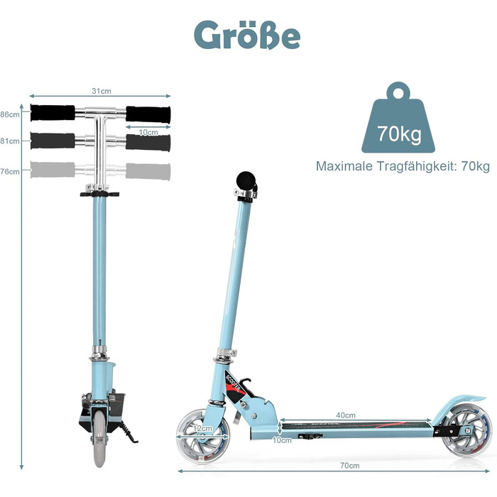 Дитячий ролер GOPLUS Roller Kinder 4, ролер для дітей 4 роки, з LED-підсвіткою, гальмом та підніжкою, регульована висота, алюмінієвий, складний, до 70 кг, блакитний