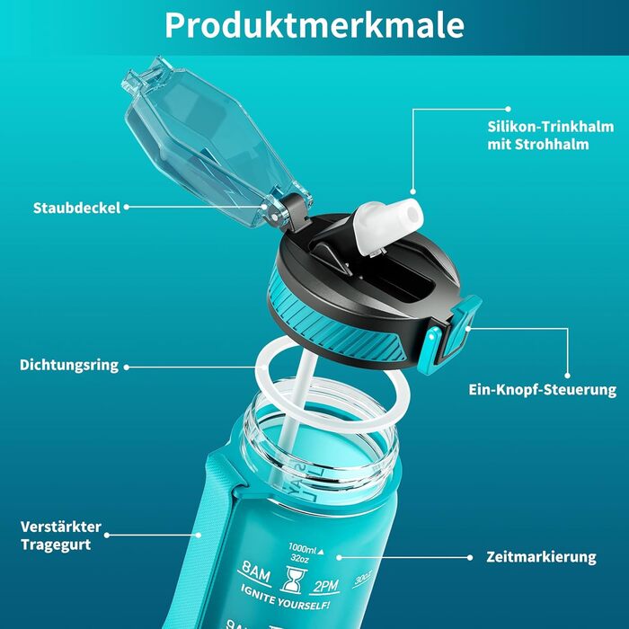 Спортивна пляшка для води Tritan 1л з трубочкою, з міткою часу та щіткою, виготовлена з BPA-Free матеріалу, блакитна