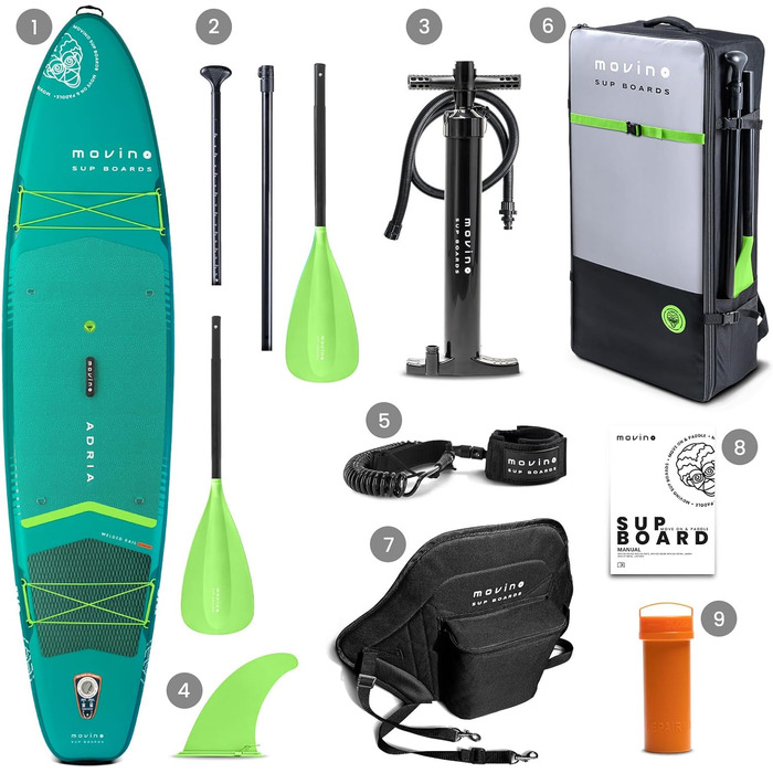 Надувний SUP-борд Movino Stand Up Paddle Board 350 см (2in1 SUP Kajak) - комплект з аксесуарами, до 165 кг, 11'6', зварний рейлінг, 15 PSI (зелений)