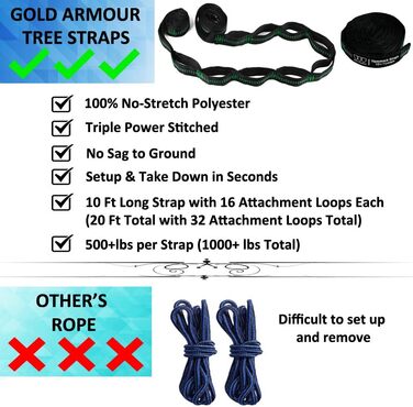 Гамак для кемпінгу Gold Armour - великий двомісний гамак з парашутної тканини (2 петлі, 29 кольорів/малюнків) для дорослих та дітей, зелений