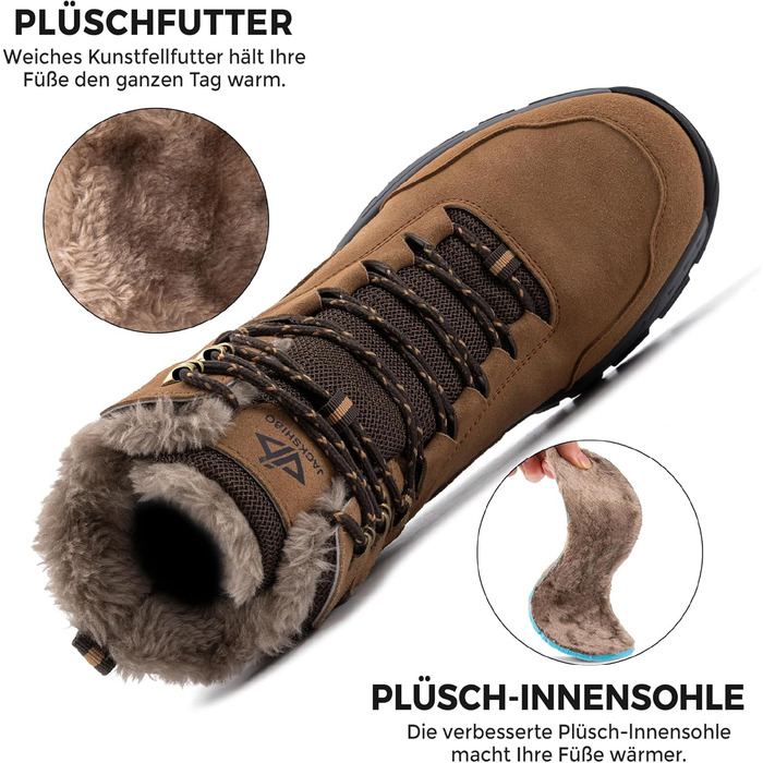 Зимові черевики JackShibo для чоловіків та жінок. Теплі, водонепроникні, з антиковзким покриттям. Зимові чоботи для активного відпочинку на природі. Розмір EU 43, колір коричневий.