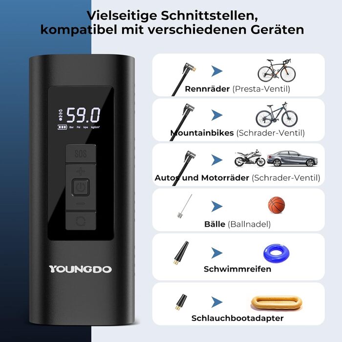 Електричний насос для велосипедів YOUNGDO 150PSI, акумуляторний компресор 6000mAh для всіх вентилів, мотоциклів та м'ячів