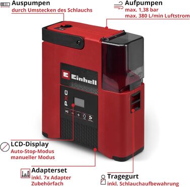Акумуляторний насос для SUP Einhell SUPPERO 18/380 PXC (18V, надування та спускання, 20 PSI, 380 л/хв, автостоп, 7 адаптерів, без АКБ)