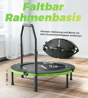 Трамплін для дому BCAN Fitness: діаметр 102/122/130 см, пружинний/з еластичним тросом, для дорослих до 250 кг, з регульованими ручками, тихий та з низькою вібрацією, зелений