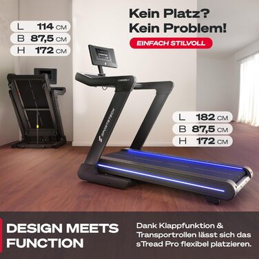 Біговий тренажер Sportstech sTread Pro/Lite – складаний, до 20 км/год, нахил 12%, вантажопідйомність 150 кг, LED-дисплей, сумісність з додатком, тихий 7PS двигун, велика бігова поверхня (sTread Pro 10.1')