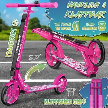 Дитячий та дорослий трюковий самокат Cityroller з дзвіночком та ремінним ременем | Регульована висота та складаний, до 100 кг | Самокат з великими колесами, рожевий