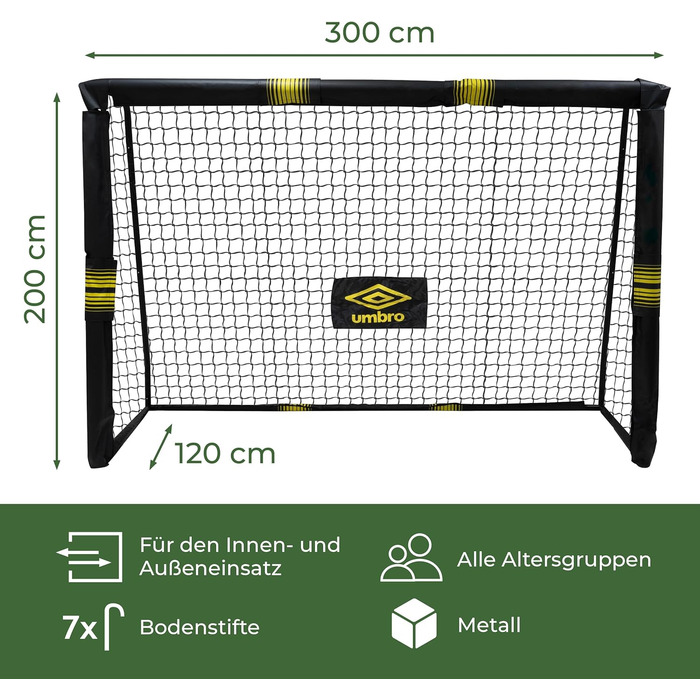 Футбольні ворота Umbro 300x200x120 см, металеві, чорні/жовті, для саду, дітей і дорослих, для тренувань, для вулиці та приміщення