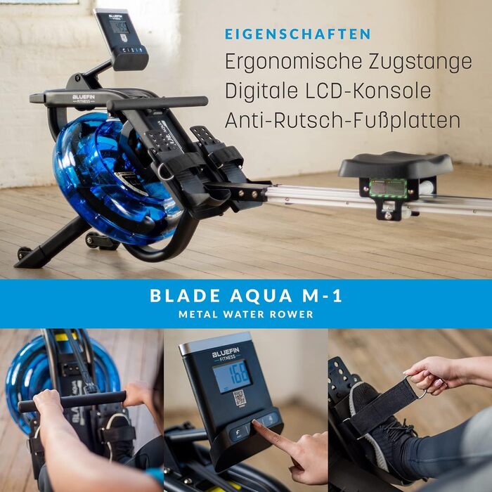 Гребний тренажер Bluefin Fitness Blade Aqua M-1 з водним опором, алюмінієва рама, інтеграція Kinomap, для інтенсивних тренувань