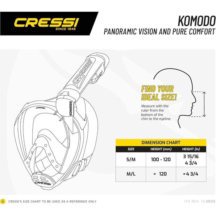 Маска для снорклінгу CRESSI Komodo – повна маска Dry з широким оглядом 180° та боковим загубником. Без запотівання, регульовані ремінці M/L, чорний колір.