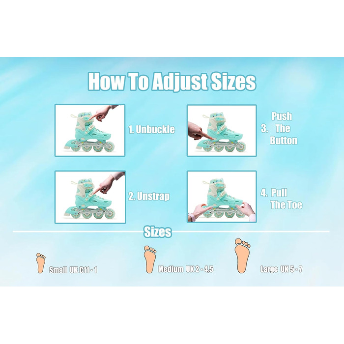Регульовані роликові ковзани з підсвічуванням коліс - дитячі та дорослі ролики (L (5-7 UK), м'ятний колір)