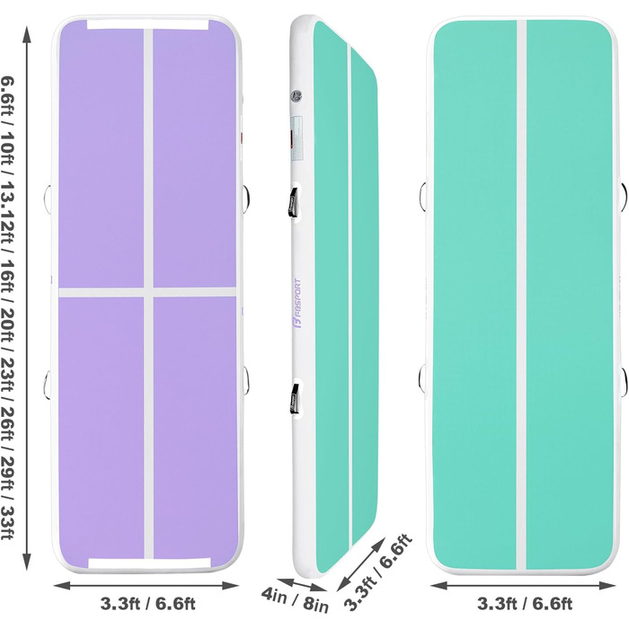 FBSPORT Airtrack Matte - Килимок для гімнастики та йоги, 300x100x20 см, фіолетово-зелений, з насосом та сумкою
