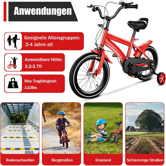 Дитяче велосипед 14 дюймів: для хлопчиків та дівчаток 3-6 років, з додатковими колесами, регульоване сидіння та кермо