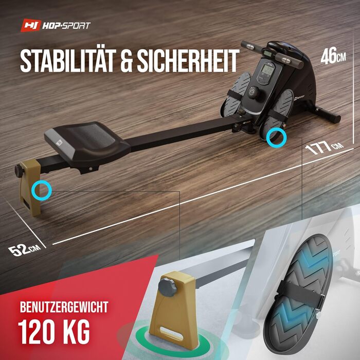 Гребний тренажер Hop-Sport Boost для дому, складаний, з магнітною системою гальмування, комп'ютером, кулькопідшипниковим сидінням, 10 рівнів навантаження, до 120 кг, золотий