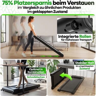 Бігова доріжка Walking Pad Tretmann з нахилом, складана – тиха, до 150 кг, з додатком, EMS-фільтром, для дому, чорна