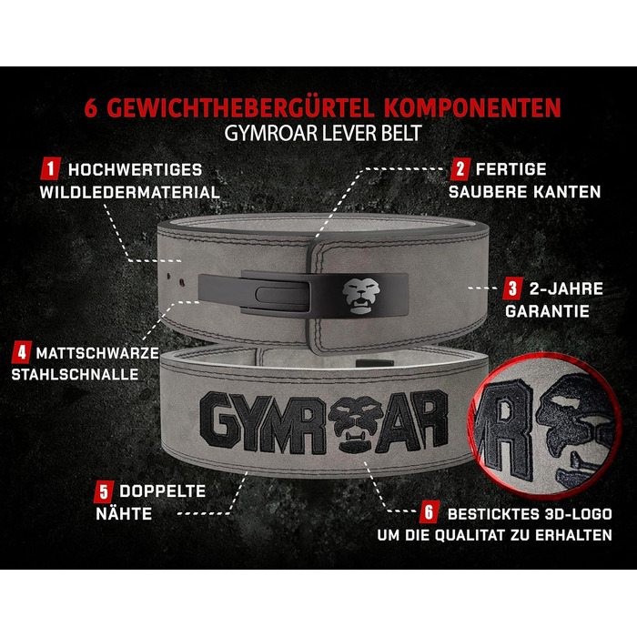Планка для важкої атлетики GYMROAR® з натуральної шкіри, 10 мм, для чоловіків, сіра