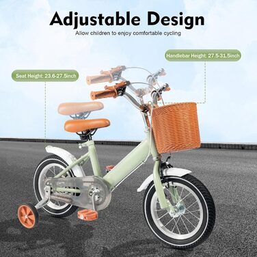 Дитячий велосипед 12 дюймів, для дітей 2-4 років, з кошиком та додатковими колесами, регульоване сидіння та кермо, подвійне гальмо, зелений