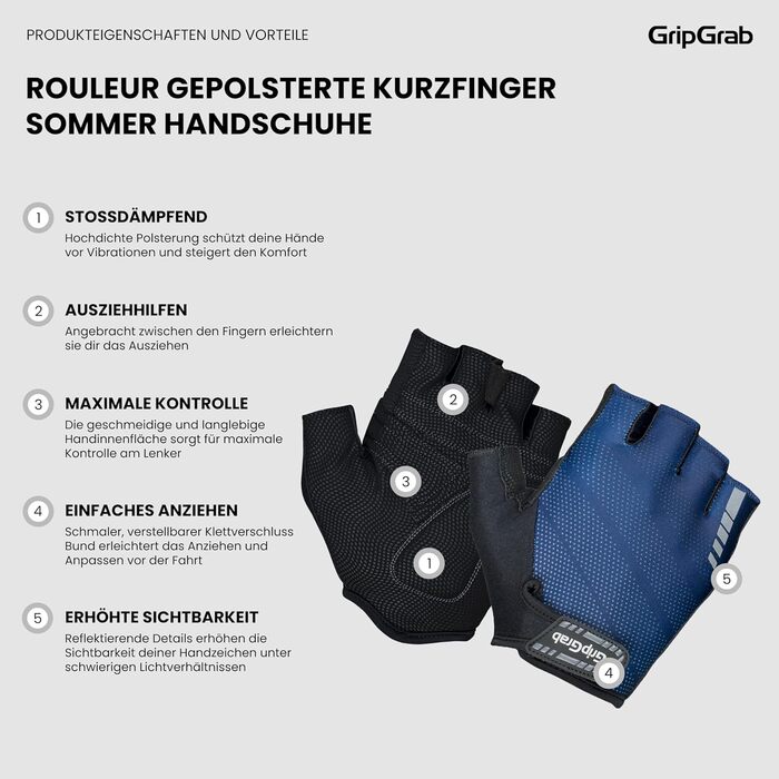 Велоперчатки GripGrab Rouleur Einsteiger (короткі пальці, XXL, темно-сині) з гелевими вставками для комфорту