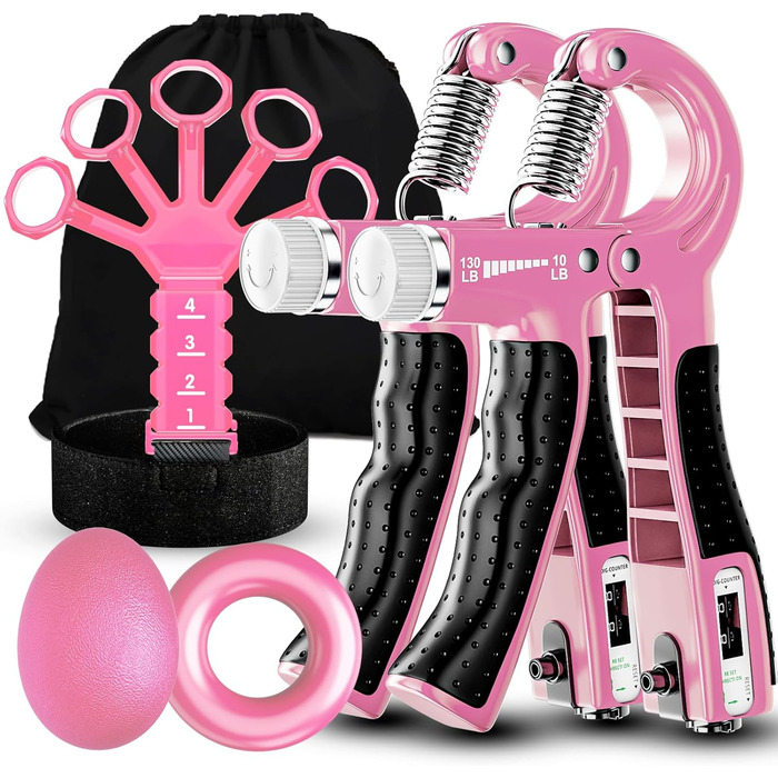 Набір для тренування сили рук Griffkrafttrainer (5шт) з тренажерами для пальців, м'ячем для зняття стресу та сумкою для перенесення, рожевий