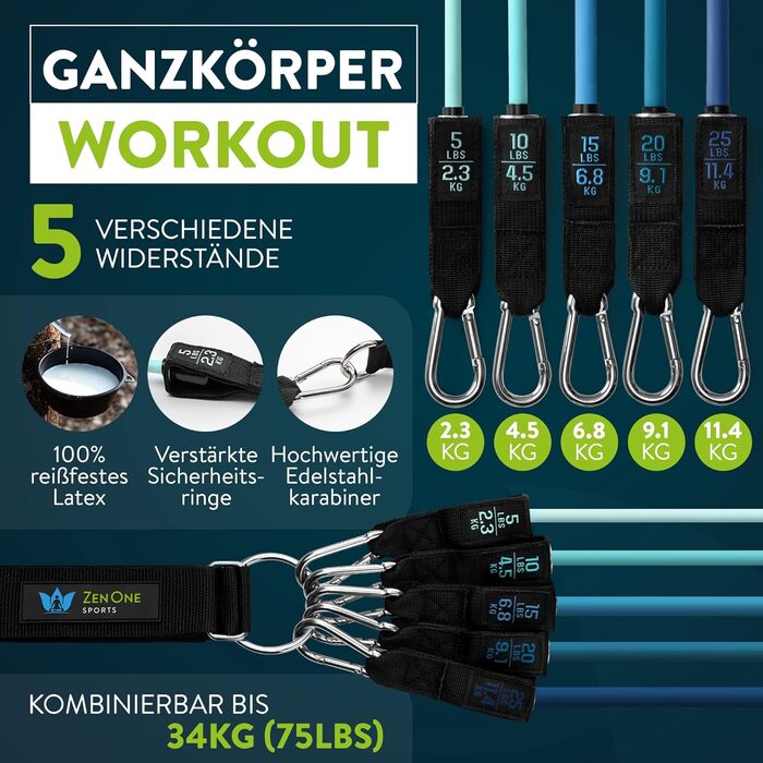 Набір еластичних стрічок для фітнесу ZenOne Sports® - 5 рівнів опору | Стрічки для силових тренувань вдома та в подорожах | Стрічки для фітнесу, гумові стрічки, спортивні стрічки (блакитний)