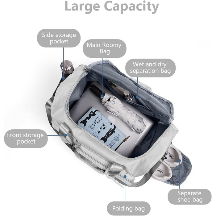 Складана дорожня сумка Flintronic 36L, водонепроникна спортивна сумка для подорожей, велика сумка для чоловіків і жінок, з біркою для багажу, сіра