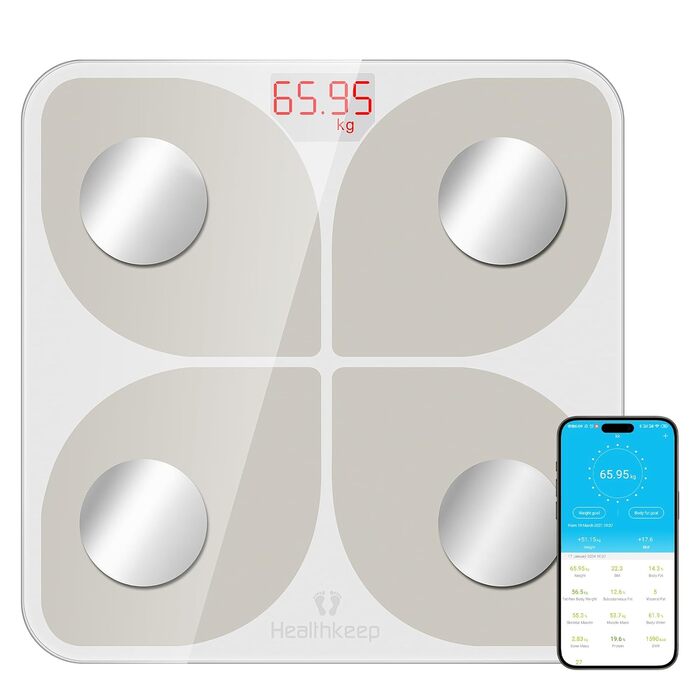 Ваги підлогові Healthkeep з Bluetooth, імпедансний аналізатор, 13 показників тіла, для Android та iOS, до 180 кг, 28×28 см