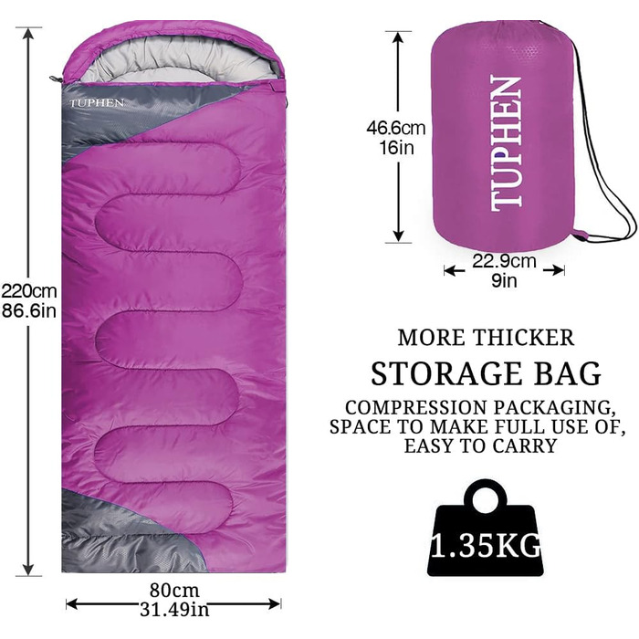 Спальний мішок 3-4 сезони для дорослих та дітей - легкий, водонепроникний, для кемпінгу та подорожей (86.61''x31.49'', фіолетово-сірий)