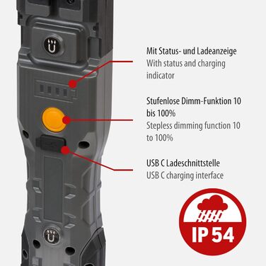 Брененштуль LED акумуляторна ручна ліхтар HL 1000 A IP54 / LED ліхтар для роботи на вулиці з COB LED (1000+200 лм, до 24 годин роботи, LED ліхтар для майстерні з магнітом та гачком, USB-C порт для заряджання)