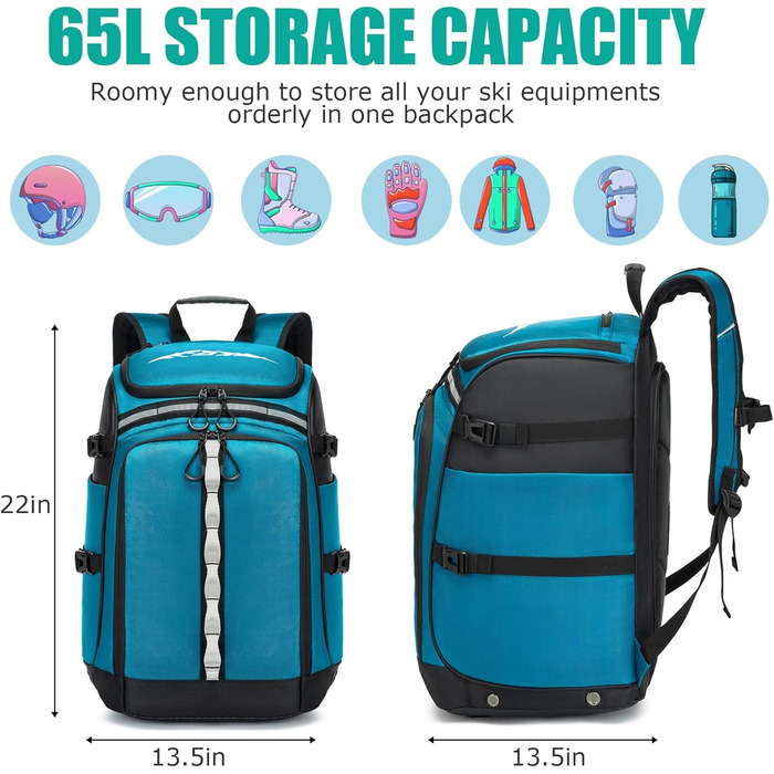 Чохол для лижних черевиків з відділенням для шолома, 65L, нейлон. Рюкзак для лиж, роликів, ковзанів (синій)