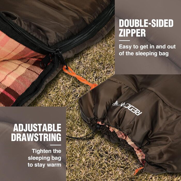Спальний мішок REDCAMP XL з бавовни, теплий, з капюшоном, фланелевий, компактний, 3-4 сезони, для дорослих та дітей, для кемпінгу, риболовлі, зимовий, коричневий, 2lbs наповнювач
