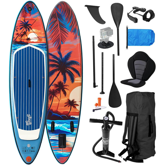 Надувний SUP-борд BRST Tropic | Комплект для станд-ап паддлбордингу | 320x81x15 см | 6 дизайнів | 5 років гарантії | з аксесуарами | 2-в-1: SUP та каяк | кріплення для Action Cam, фіксатор для ноги, насос, рюкзак (Sunset)