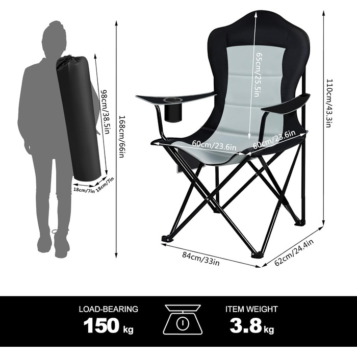 Складний туристичний стілець WOLTU: легкий, для відпочинку на природі, риболовлі, з кишенею для напоїв та боковою кишенею, до 150 кг, для кемпінгу, пляжу, саду, тераси (чорний + світло-сірий)