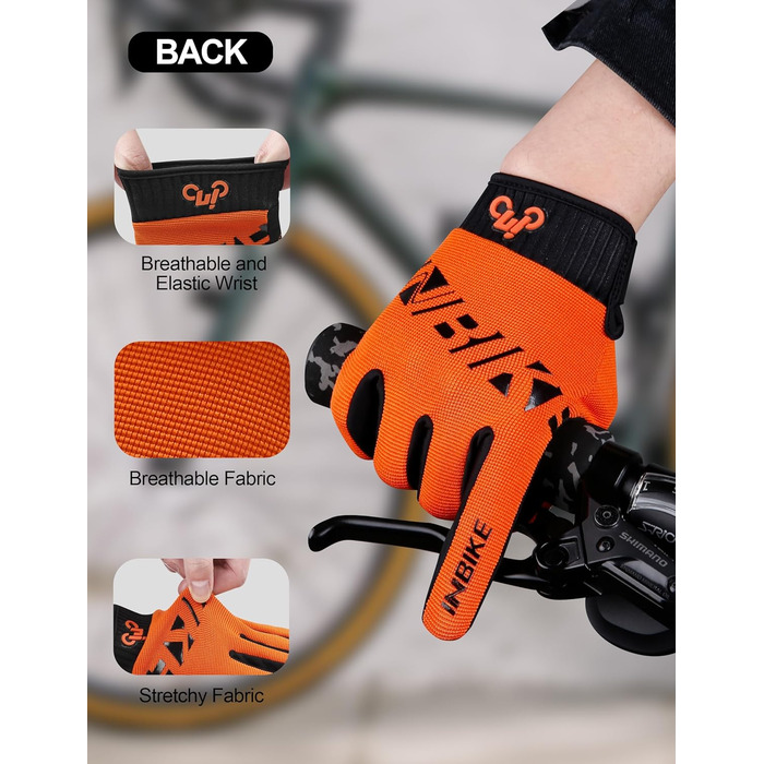 Рукавички велосипедні INBIKE MTB Anti-Slip з силіконовим покриттям, дихаючі, з підтримкою сенсорного екрану, для гірського велосипеда, велоспорту та активного відпочинку (Помаранчевий, M)