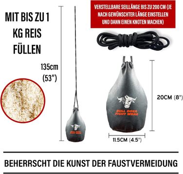 BULL DOZA FIGHT WEAR мішок для реакції, 1 кг, 2 м мотузка, чорний, М – боксерський захисний мішок для тренувань MMA, не для ударів