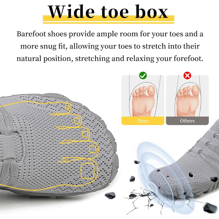 Босими кросівки для жінок та чоловіків: широкі, легкі, дихаючі, з нульовим перепадом, для трейлу та бігу по асфальту. Unisex, розміри 36-46 EU (39 EU, сірий)