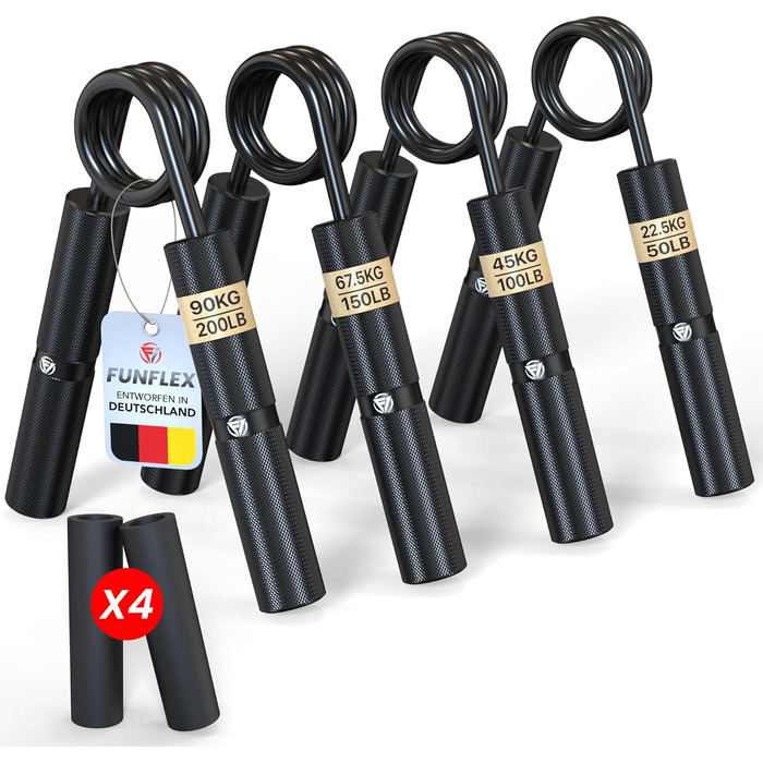Набір для тренування сили рук FUNFLEX 4 шт. (22,5-90 кг) з металу. Тренажер для пальців, зап'ястя, рук. 8 насадок з піни, неслизьке покриття, для розвитку м'язів, силові тренування, фітнес, чорний.