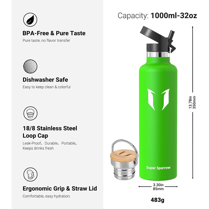 Фляга Super Sparrow з нержавіючої сталі - 350мл/500мл/620мл/750мл/1л - Термос-фляга, без BPA, для дітей, спорту, школи, фітнесу - з 2 кришками