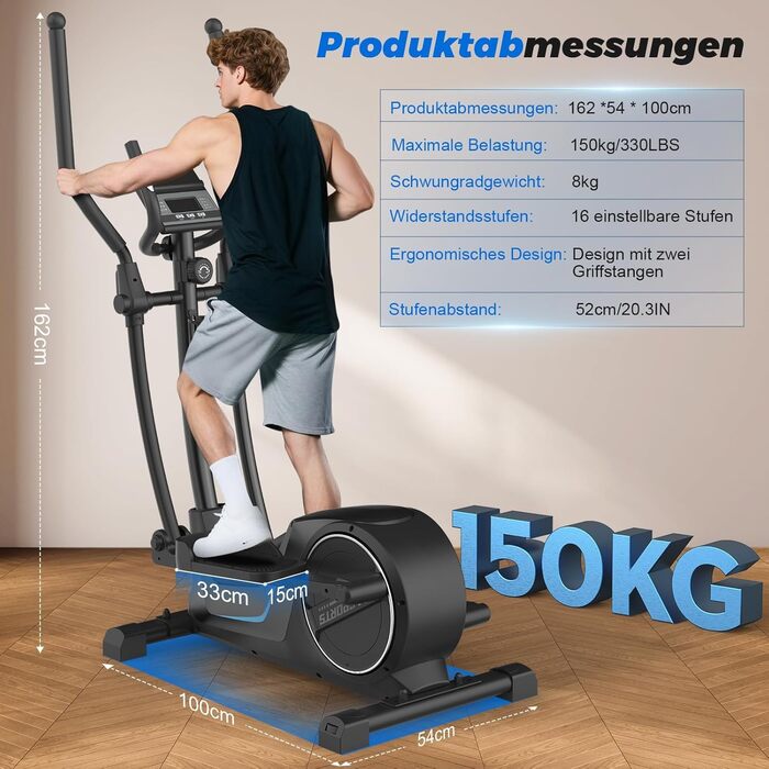 Еліптичний тренажер Neezee для дому, ультратихий з 16 рівнями опору, 8 кг маховиком, довжиною кроку 16,5 дюймів, LCD-дисплеєм, витримує до 150 кг (Schattenschwarz, LCD-монітор (Класичний))