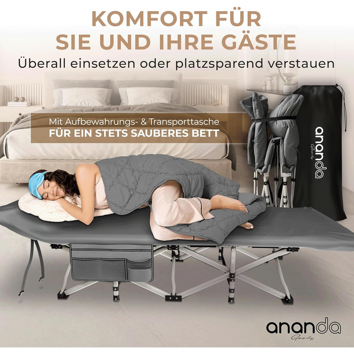 Розкладне ліжко Ananda Goods® для кемпінгу та гостей з матрацом – 190x70 см, карпове ліжко, туристичне ліжко, ліжко з бавовняно-льоновій матрац та простирадлом