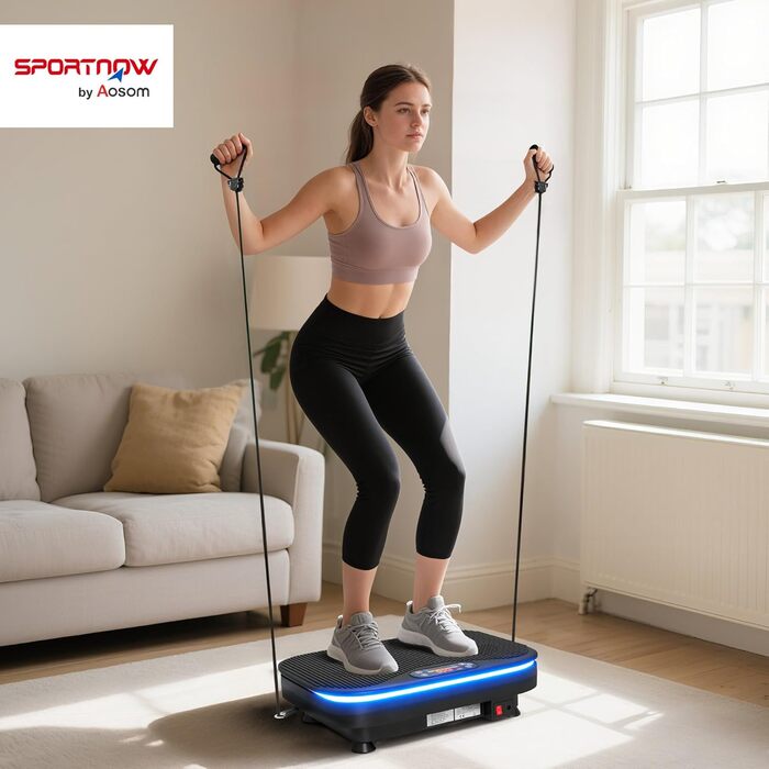 Платформа для вібраційного тренування SPORTNOW з 99 рівнями інтенсивності, Bluetooth, світлодіоди та стрічки опору. Підходить для всього тіла та нарощування м'язів.