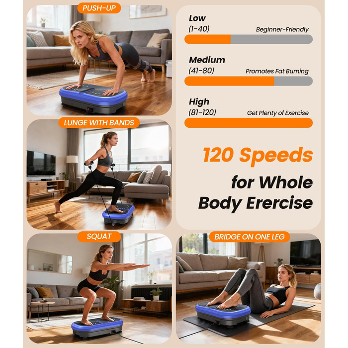 Вібраційна платформа для фітнесу 200W з пультом, 120 рівнів, ультразвук & гумові ніжки – для домашніх тренувань, підтяжки м'язів та відновлення, ідеально для жінок та літніх людей (Блакитна)