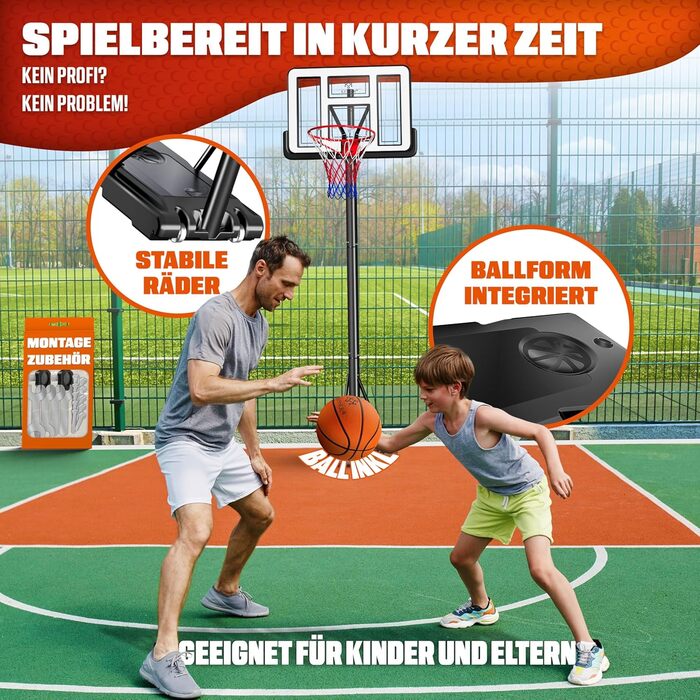 Баскетбольний кошик KESSER® Outdoor зі стійкою та колесами. В комплекті 2 сітки, м'яч та насос. Регульована висота 230-305 см. Підходить для дітей та дорослих.