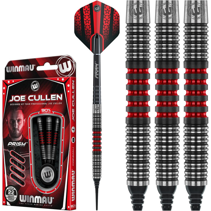 Дротики WINMAU Joe Cullen 22 грамів Softip професійні, вольфрамові, з комплектом хвостовиків і оперення