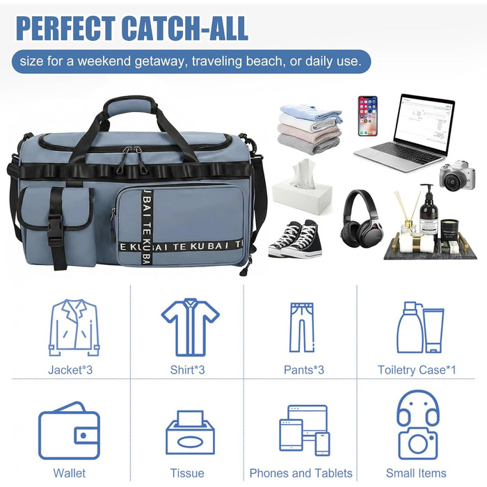 Спортивна сумка для подорожей 65л з відділенням для взуття та мокрих речей, містка сумка в зал та для плавання, синя