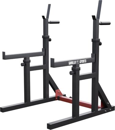 GORILLA SPORTS® Стійка для присідань із турніком, регульована висота і ширина, навантаження до 300 кг, чорна – стійка для штанги, для присідань, для жиму лежачи