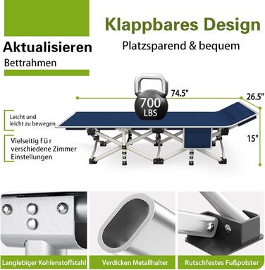 Кемпінгове ліжко з матрацом, розкладне, для відпочинку на природі та вдома, 200 кг, блакитне
