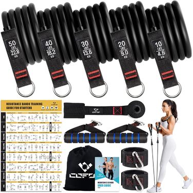 Набір еластичних стрічок для фітнесу, 5 шт. (150lbs), з ручками та кріпленням для дверей, для пілатесу та силових тренувань, чорний