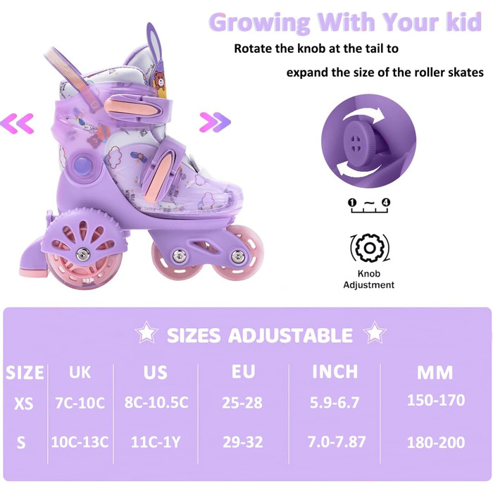 Роликові ковзани ERNAN для дітей, регульовані, для дівчаток та хлопчиків, безпечні, з великими колесами (фіолетовий)