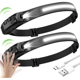 Налобний ліхтар LED перезаряджуваний USB, 350 люмен, 5 режимів, водонепроникний IPX4, для бігу, риболовлі, 2 шт.